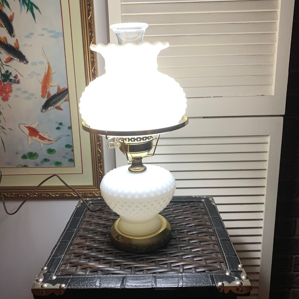 Vintage Milk Glass Fenton Hurricane Table Lamp